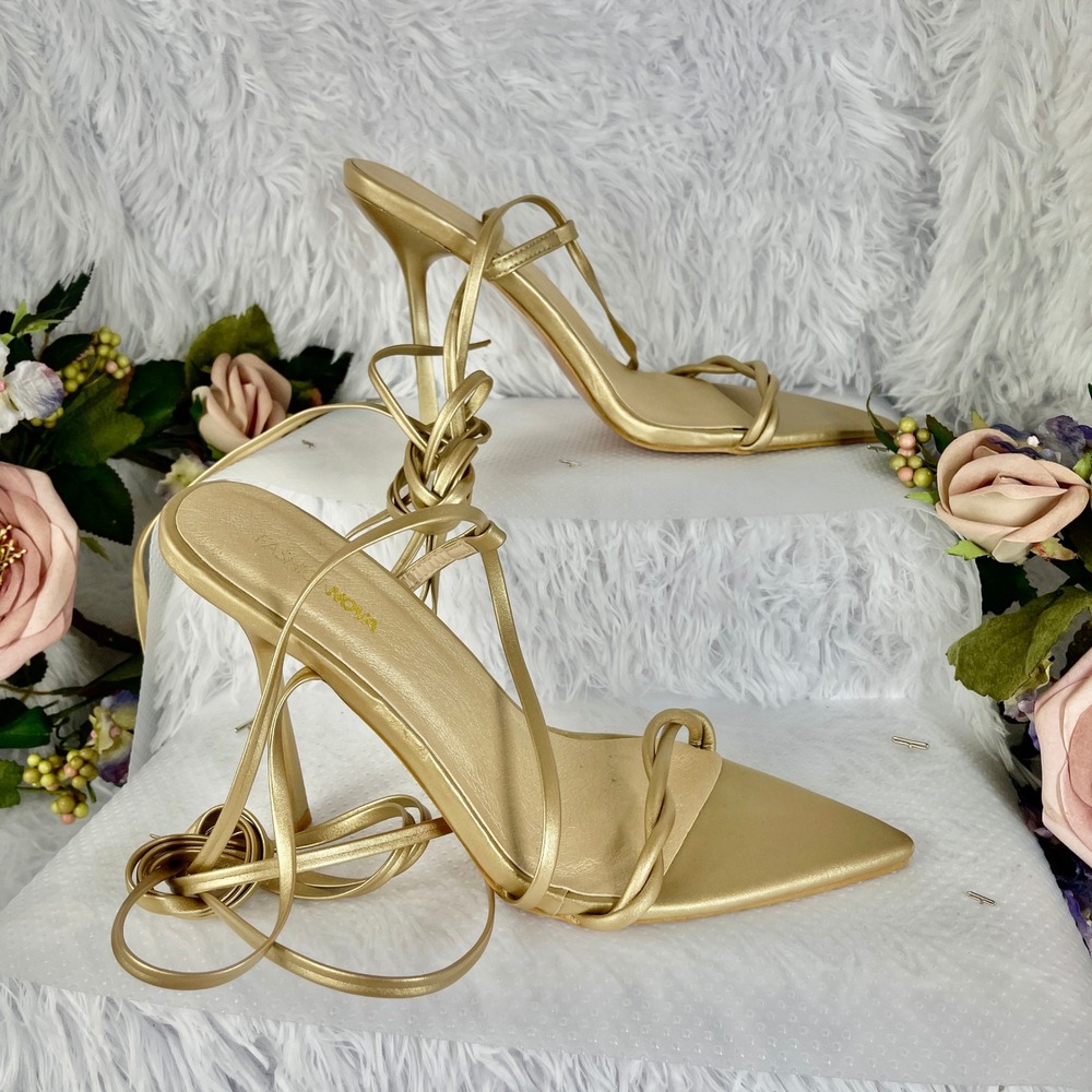 Fashion Nova Smyth Heels Womens 9 Gold Faux Leather Strappy Lace Up Stiletto